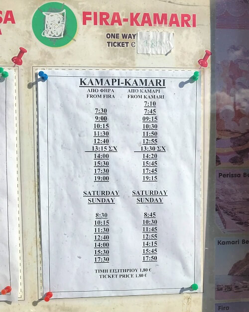 「サントリーニ島」のバス時刻表(フィラからカマリビーチ)