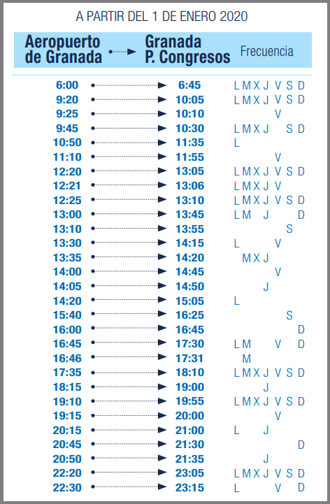 グラナダの空港バス時刻表(空港から市内行き)