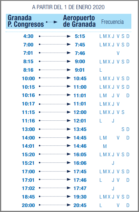 グラナダの空港バス時刻表(市内から空港行き)